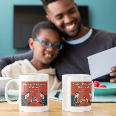 mockup of two mugs placed in front of a dad and his son 33114